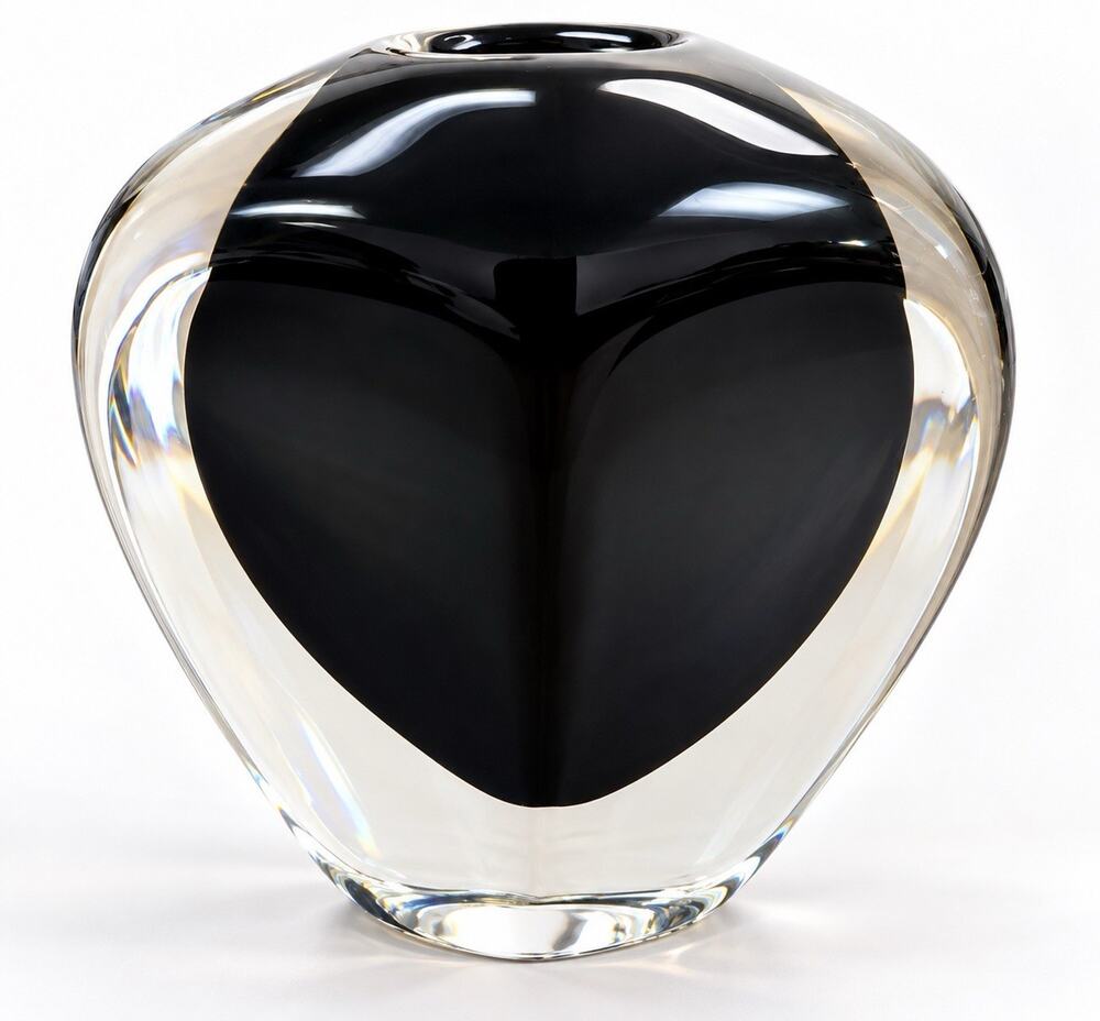 1950s Signed Orrefors Sweden Art Glass Vase Black Clear Crystal 4.5” Stunning